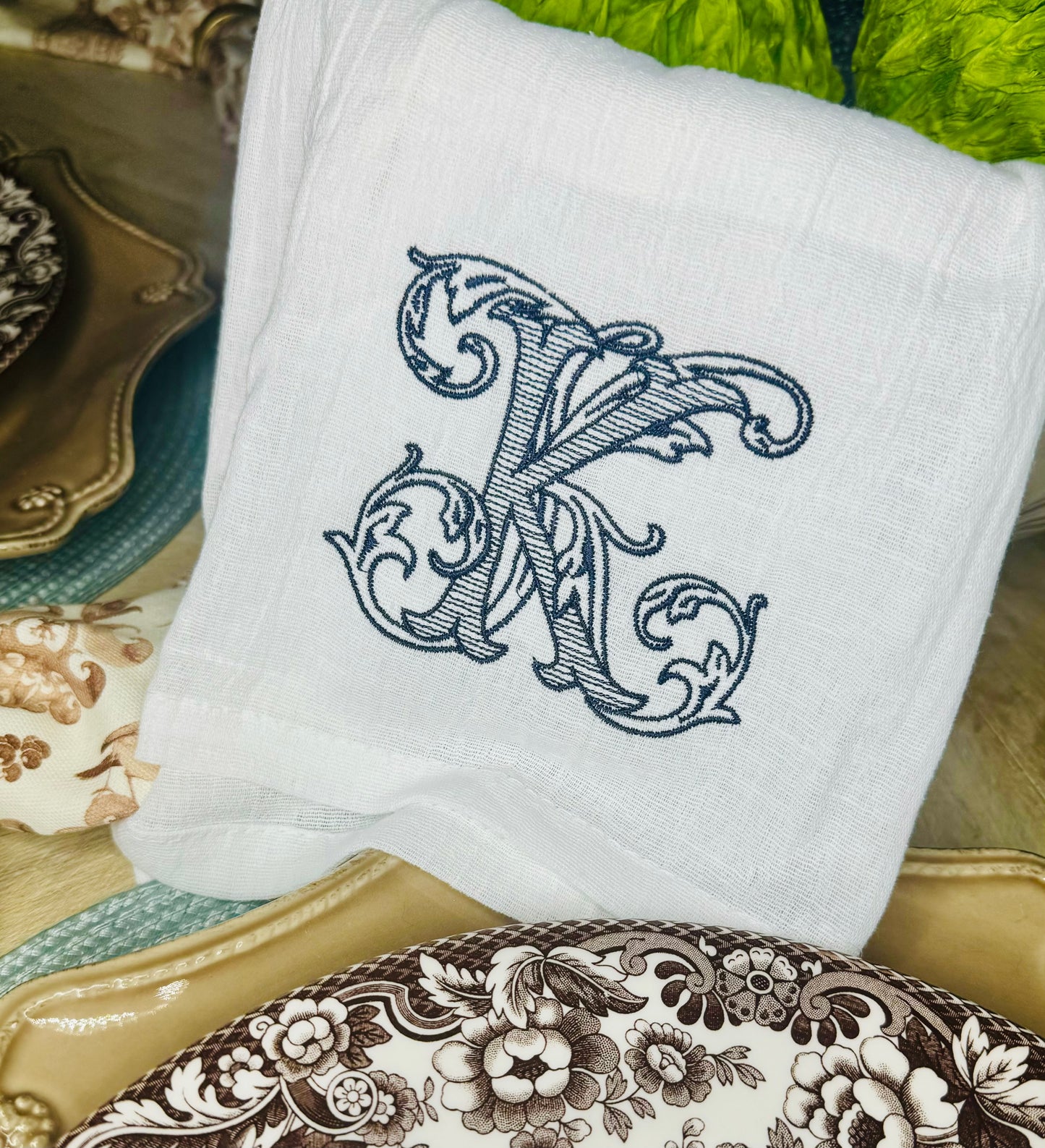 Embroidered Vintage Vine Letter Hand Towel