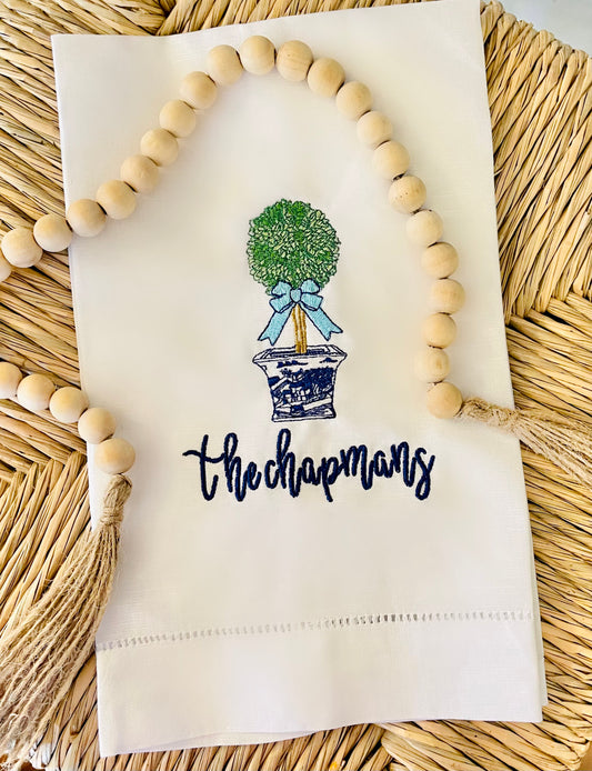 Topiary Embroidered Linen Tea Towel
